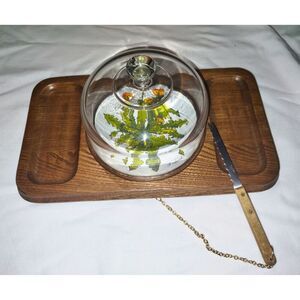 Vintage Goodwood Teak Dandelion, Knife, Glass Cloche Cheese Cracker Charcuterie0